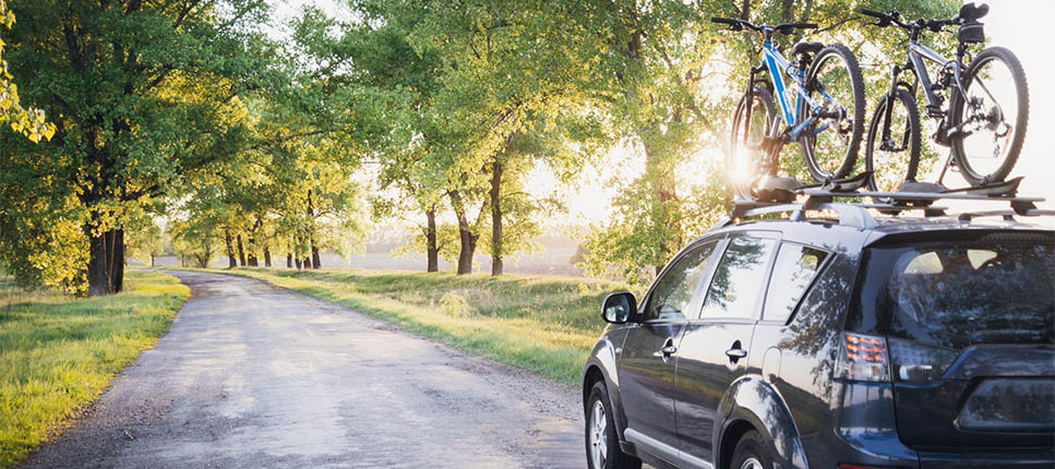 A dark SUV with two mountain bikes secured to its roof rack is parked on a quiet, tree-lined road under the golden light of a setting sun